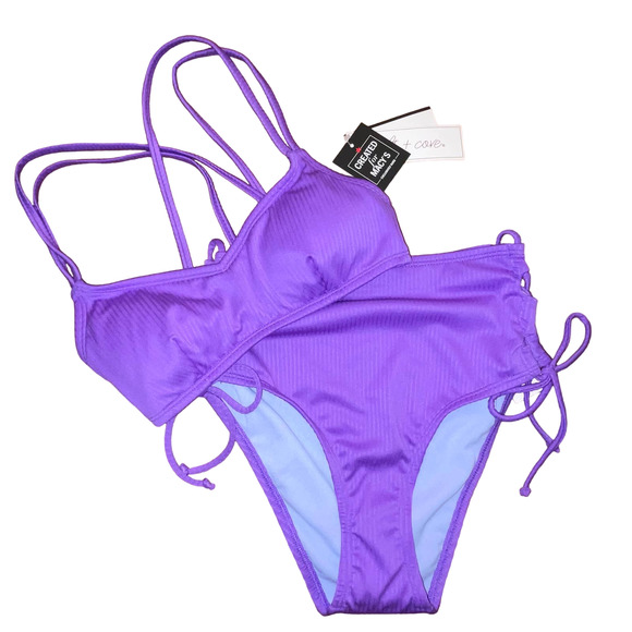Salt + Cove Jrs' Raised Rib Strappy Bralette high waisted Bikini set, purple XS - Picture 1 of 9